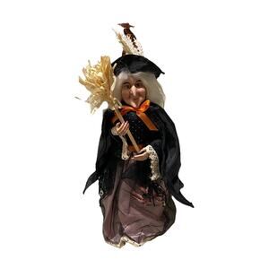 Halloween Witch wBroom & Glitter Spiders Tree Topper Home Decor Shelf Sitter